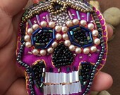 Handmade brooch - sugar skull - Handembroidered - wearable art