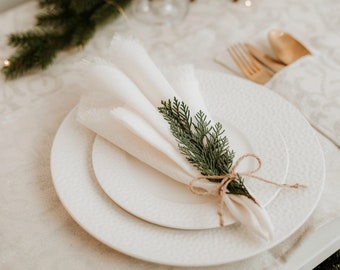 Linen Napkins with fringes | Linen Napkins set | Boho style napkins | Christmas dining table serving | White Table napkins