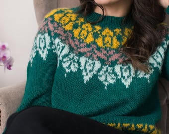 Suéter florido - Patrón de tejido en PDF - Suéter con canesú - Suéter con trabajo en color - Patrón de suéter Fair Isle - Patrón de jersey - Patrón de suéter