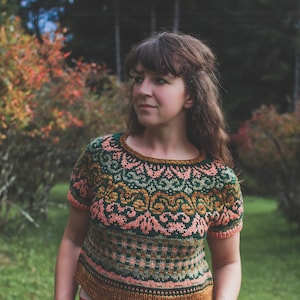 May include: A woman wearing a short-sleeved knitted jumper with a colourful geometric pattern. The jumper is green, pink, yellow, and brown.