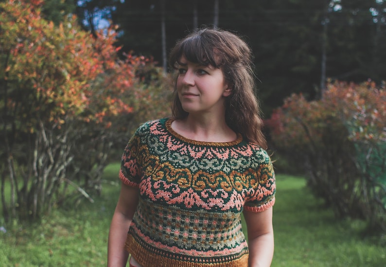 May include: A woman wearing a short-sleeved knitted jumper with a colourful geometric pattern. The jumper is green, pink, yellow, and brown.
