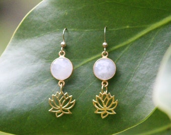 Gold Lotus Flower Earrings: Rainbow Moonstone Dangle, Made in Hawaii