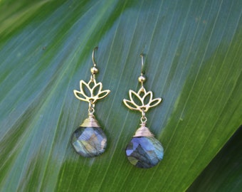 Labradorite Teardrop Earrings: Gold Lotus, Handmade in Hawaii