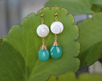 Sea Shell Earrings | Blue Jade Earrings | Teal Gold Dangle Earrings | Earrings for Women | Sea Shell Jewelry Handmade in Hawaii