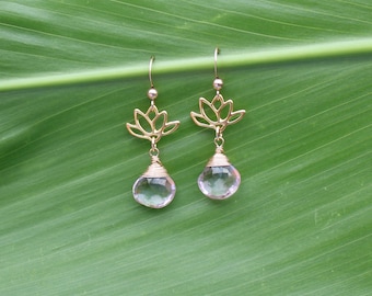 Mystic Quartz Earrings: Gold Lotus Flower Dangle Earrings, Handmade in Hawaii