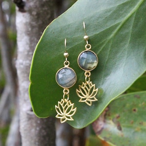 Labradorite Gold Lotus Earrings | Gemstone Earrings for Women | Gold Earrings Dangle | Gift Earrings | Handmade in Hawaii