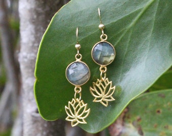 Labradorite Lotus Earrings: Gold-Filled Dangle Earrings, Handmade in Hawaii