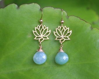 Blue Chalcedony Lotus Earrings: Gold Vermeil Wire Wrapped Gemstone