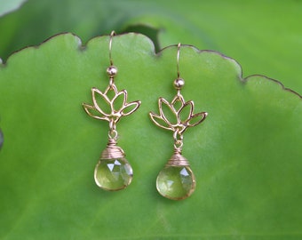Gold Citrine Lotus Flower Earrings: Wire Wrapped Boho Jewelry