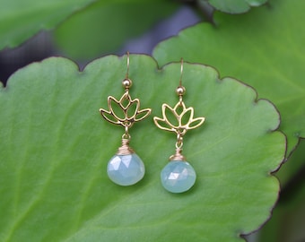 Gold Lotus Blue Chalcedony Earrings: Handmade Hawaiian Jewelry