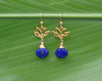 Gold Lotus Lapis Lazuli Earrings: Handmade Hawaiian Jewelry