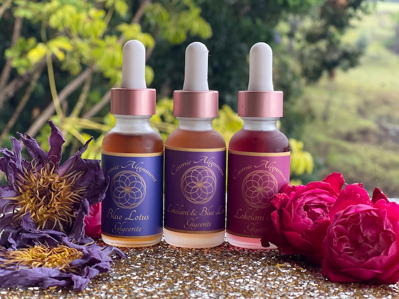 May include: Three glass bottles with dropper tops and labels that say "Cosmic Alignment". The bottles are filled with different colored liquids. The labels also say "Blue Lotus Glycerite", "Lokelani & Blue Lotus Glycerite", and "Lokelani Glycerite".