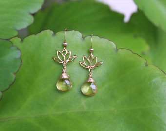 Gold Lotus Citrine Earrings: Wire Wrapped Gemstone Dangle