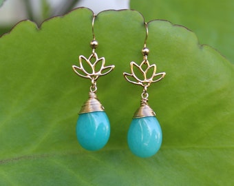 Blue Jade Lotus Earrings: Vermeil Gold, Handmade in Hawaii