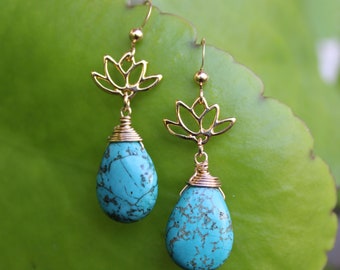 Blue Howlite Teardrop Earrings: Gold Lotus Flower, Handmade in Hawaii