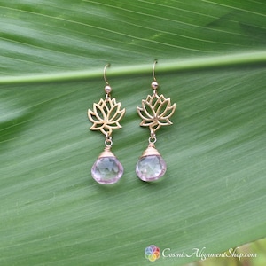 Mystic Quartz Earrings | Gold Louts Flower Earrings | Womens Dangle Earrings | Gemstone Teardrop Earrings | Handmade in Hawaii