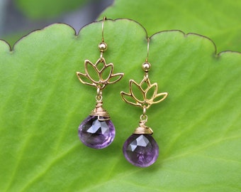 Amethyst Teardrop Earrings: Gold Lotus Flower, Wire Wrapped, Handmade in Hawaii