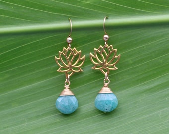 Gold Lotus Amazonite Earrings: Teal Gemstone Dangle, Handmade in Hawaii