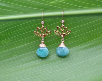 Gold Lotus Amazonite Earrings: Sterling Silver, Handmade in Hawaii