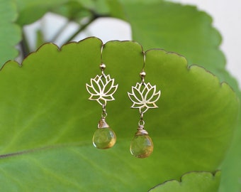 Gold Citrine Lotus Flower Earrings: Wire Wrapped Boho Jewelry