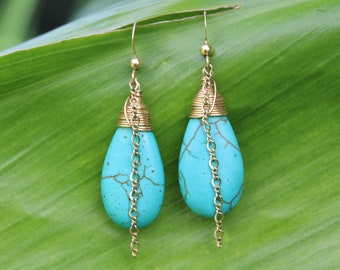 Turquoise Howlite Teardrop Earrings: Gold Filled Wire Wrapped Boho Jewelry