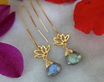 Gold Lotus Labradorite Earrings: Handmade Gemstone Dangle Earrings