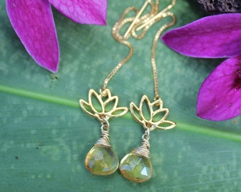 Citrine Teardrop Earrings: Gold Lotus Flower, Handmade in Hawaii