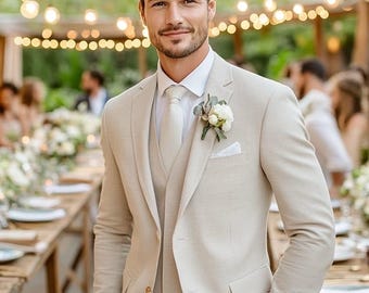 Men's Cream Linen 3-Piece Suit | Luxury Wedding Wear