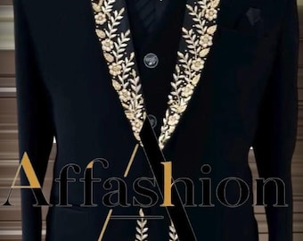 Men's Black & Gold Embroidered Tuxedo | Luxury Wedding Groom Suit