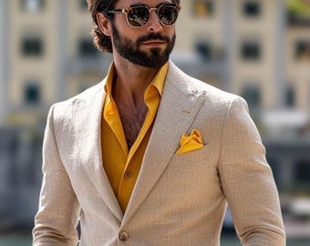 Men's Almond Beige Linen Suit | Custom Tailored Wedding Suit