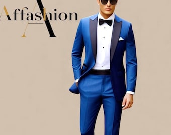 Esmoquin azul real para hombre / Traje de tres piezas de corte ajustado