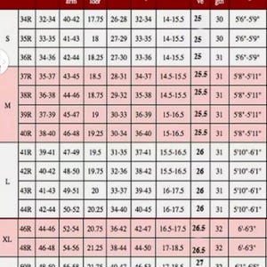 K&ouml;nnte beinhalten: Eine Gr&ouml;&szlig;entabelle f&uuml;r Jacken, die Ma&szlig;e in Zentimetern f&uuml;r Brust, Taille, H&uuml;fte und andere Abmessungen anzeigt. Die Tabelle umfasst Gr&ouml;&szlig;en von 34R bis 3XL, mit entsprechenden &Auml;rmell&auml;ngen und H&ouml;hen.