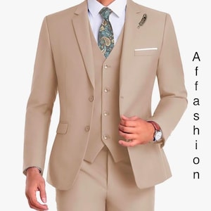 Men’s beige   3pc suit wedding Groom attire tailored fit formal suit Elegant blue diziner