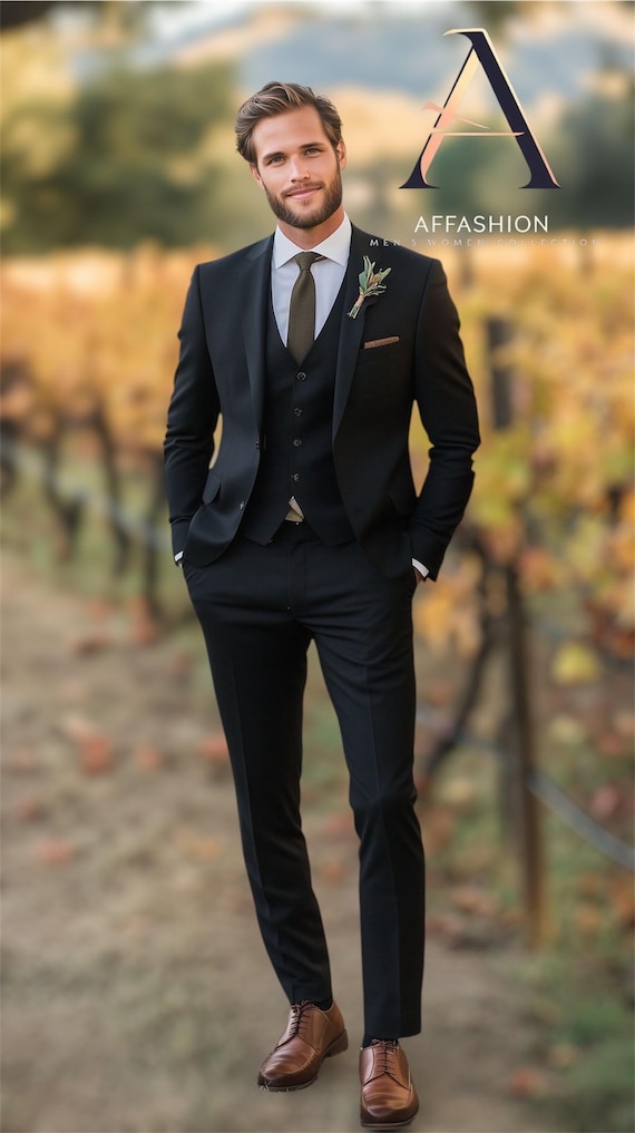 Men's Tailored Fit Black 3-piece Suit | Wedding Groom, Formal Business