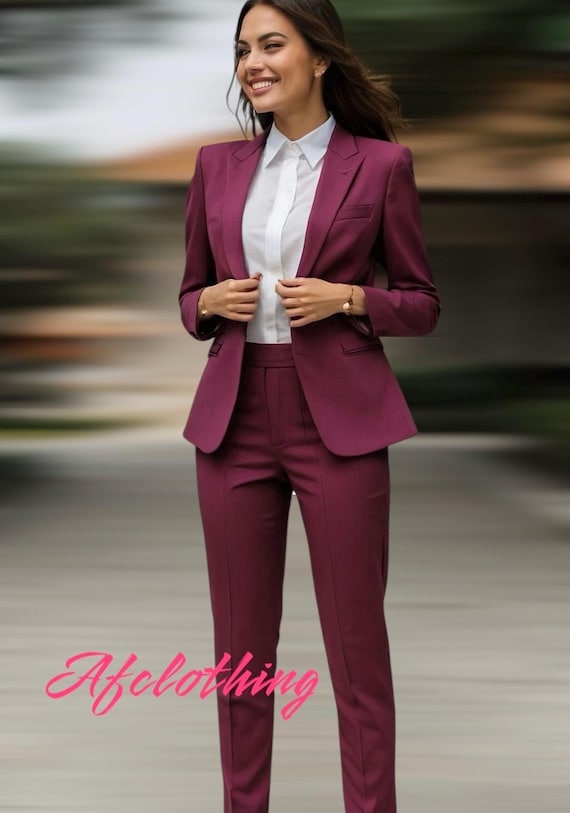 burgundy suit dress women 3-piece Suit: Tailored Blazer, Vest & Pants - Women's Formal Wear Color:Blue and Brown Maeve Margie Smocked Stripe pockets and tapered leg–make style::Cami Dress