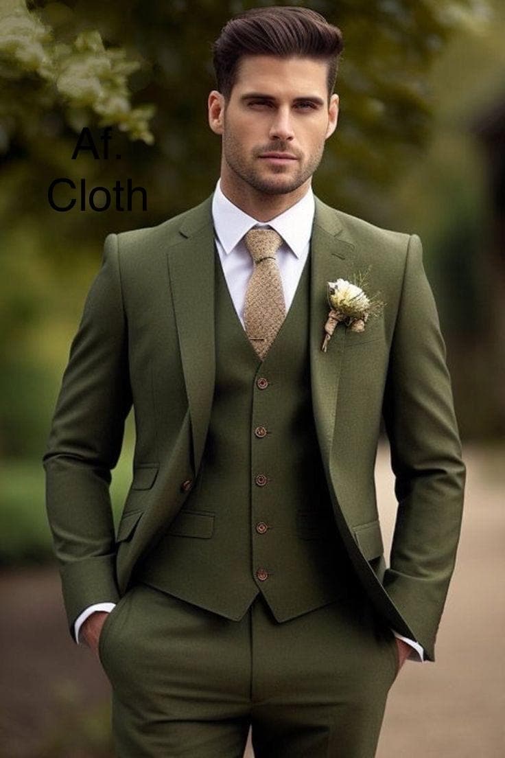 Olive Green Men's 3pc Suit: Bespoke Wedding, Party, Ethnic Style