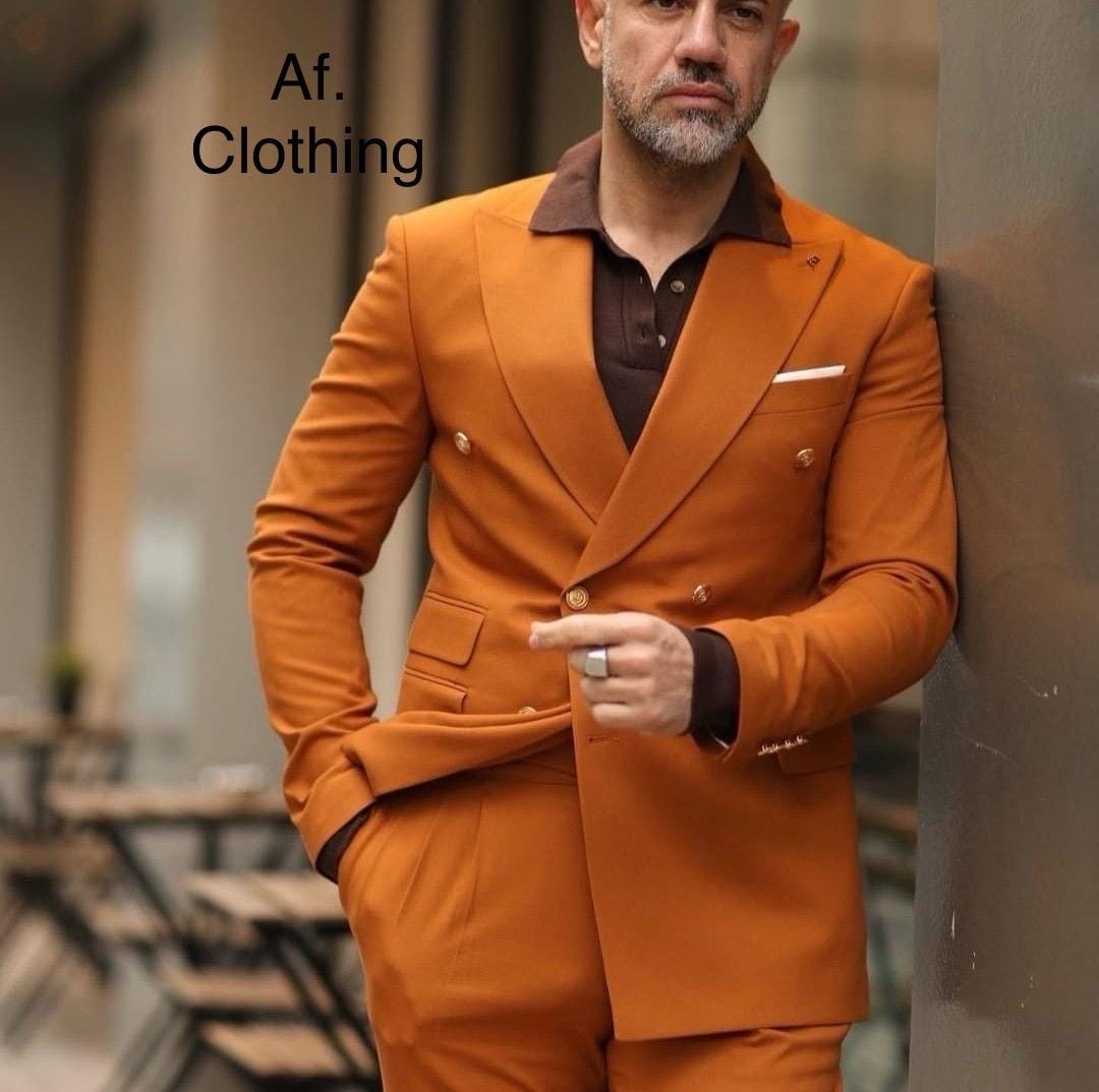 Orange Double Breasted Suit: Luxury Groom 3-piece Terry Rayon