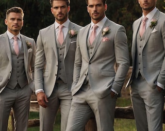 Men's Grey Slim Fit Three Piece Wedding Suit, Tailored Groomsmens Formal Prom Outfit