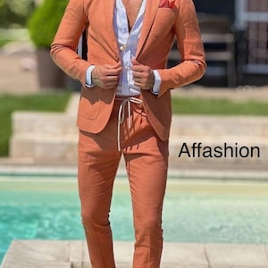 Donkeroranje slim-fit herenkostuum: feestkleding voor bruiloft en bruidegom