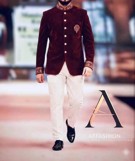 Men Velvet Jodhpuri Suit | Indian Wedding Sherwani Style | Embroidered Bandhgala Jacket Groom Outfit