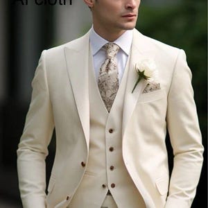 Cream 3-Piece Suit: Slim Fit Bespoke Terry Rayon Suit