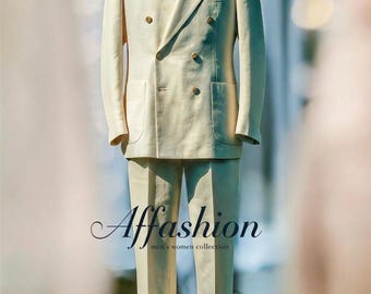 1920s Style Linen Double Breasted Suit for Men, Summer Wedding Outfit, Vintage Groom Attire, Custom Tailored Beach Wedding Suit