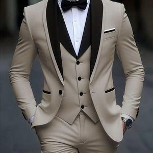 Beige Terry Rayon Men&#39;s 3-Piece Suit: Wedding Groom Tuxedo