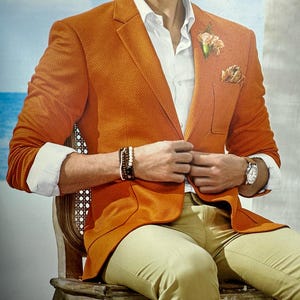 Oranje crème badstof rayon herenkostuum: slim-fit outfit bruiloft G