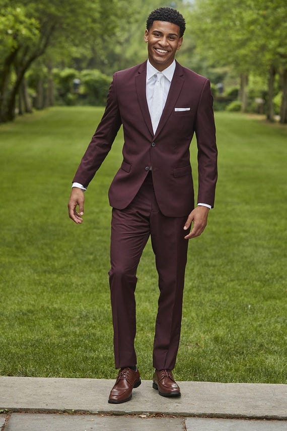 maroon dress shirt with suit Burgundy 3-piece Suit: Tailored Fit Terry Rayon - Formal Menswear