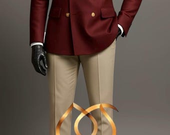 Men's Double Breasted Maroon Camel Suit | Vintage Style Formal Blazer Set