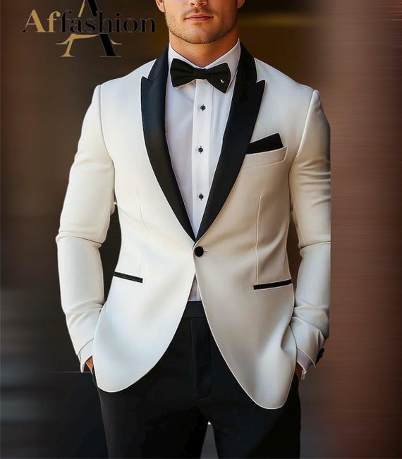 White Tuxedo Suit for Men with Black Pants - Formal Wedding Prom White Tuxedo Suit for Men with Black Pants - Formal Wedding Prom