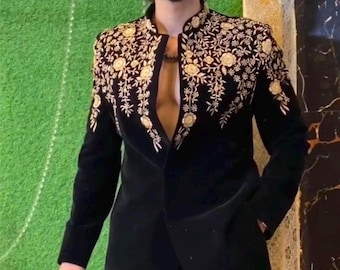 Handmade Black Sherwani Suit: Embroidered Groom Wedding Outfit