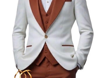 Men's Cream Brown Double Breasted Suit, Vintage Style Wedding Groom Formal Blazer Set