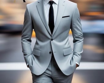 Traje de hombre gris de tres piezas de corte ajustado: ideal para bodas formales y graduaciones.